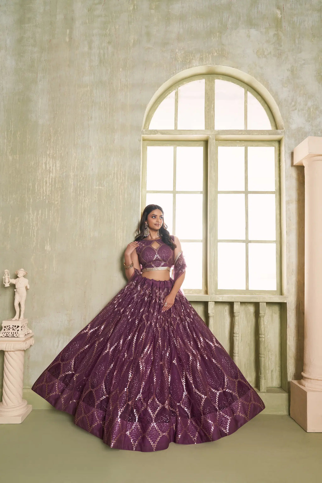 Wine Thread Sequins Embroidery Net Lehenga Choli