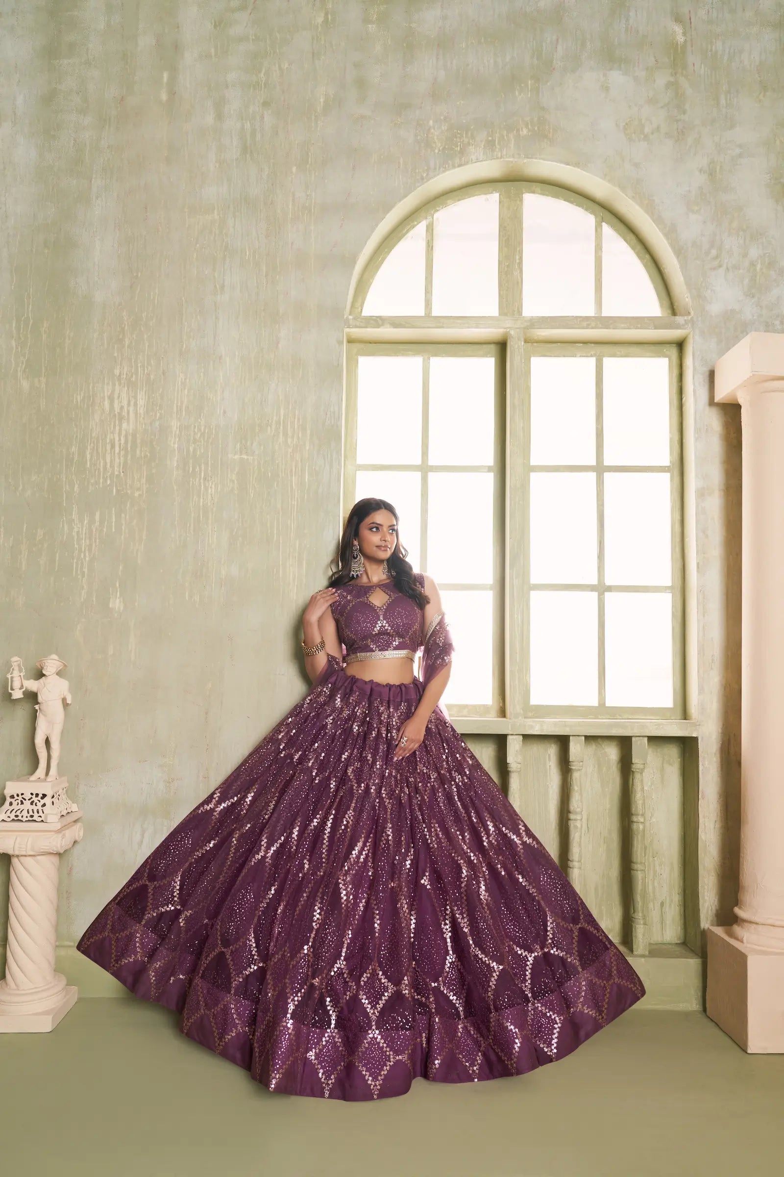 Wine Thread Sequins Embroidery Net Lehenga Choli