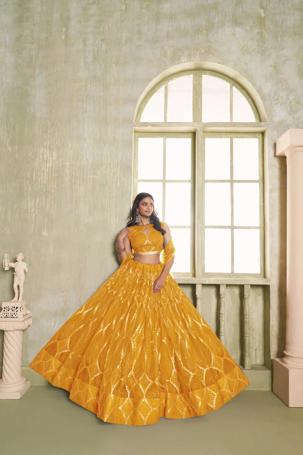 Yellow Net Lehenga Choli With Sequins Work