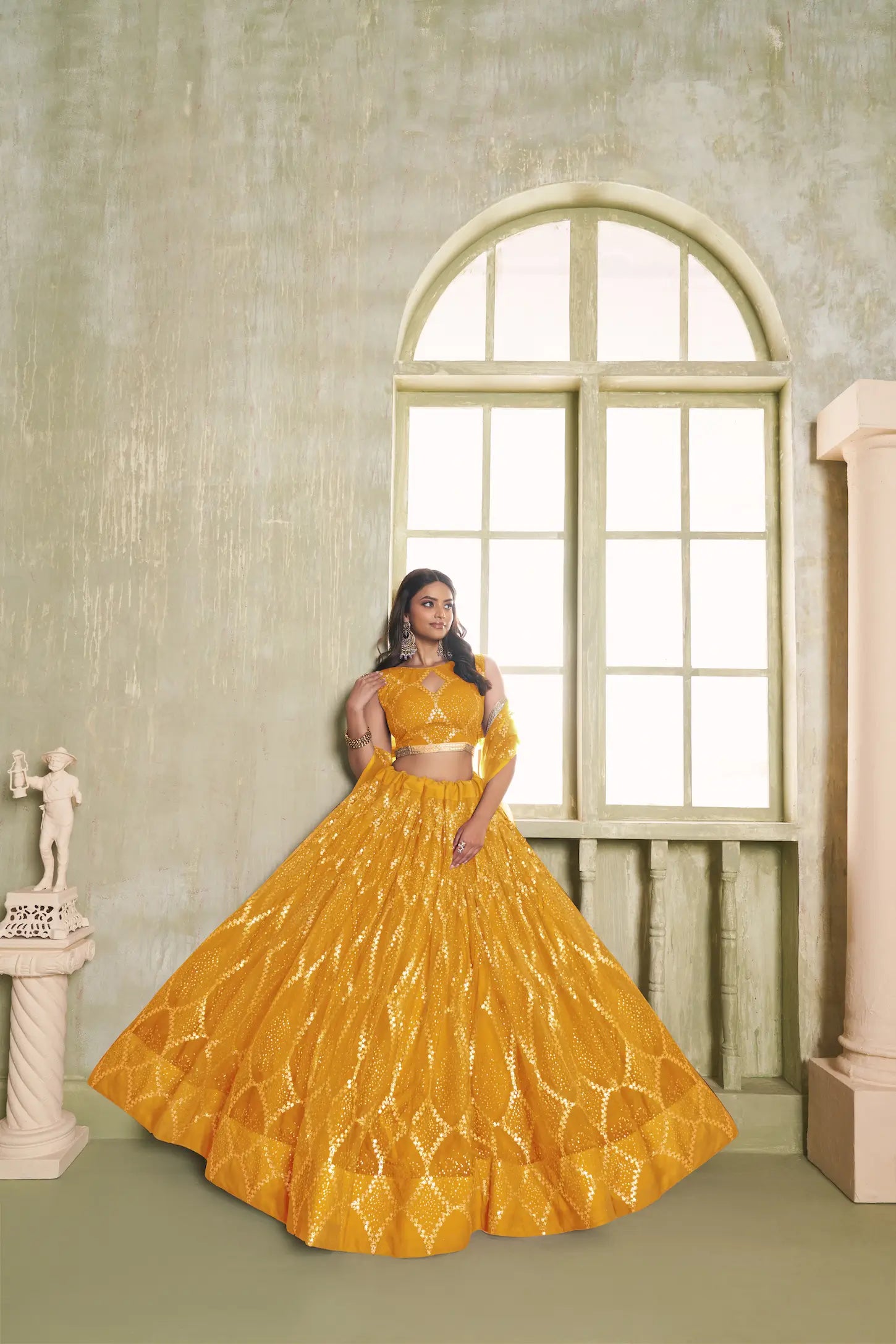 Yellow Net Lehenga Choli With Sequins Work