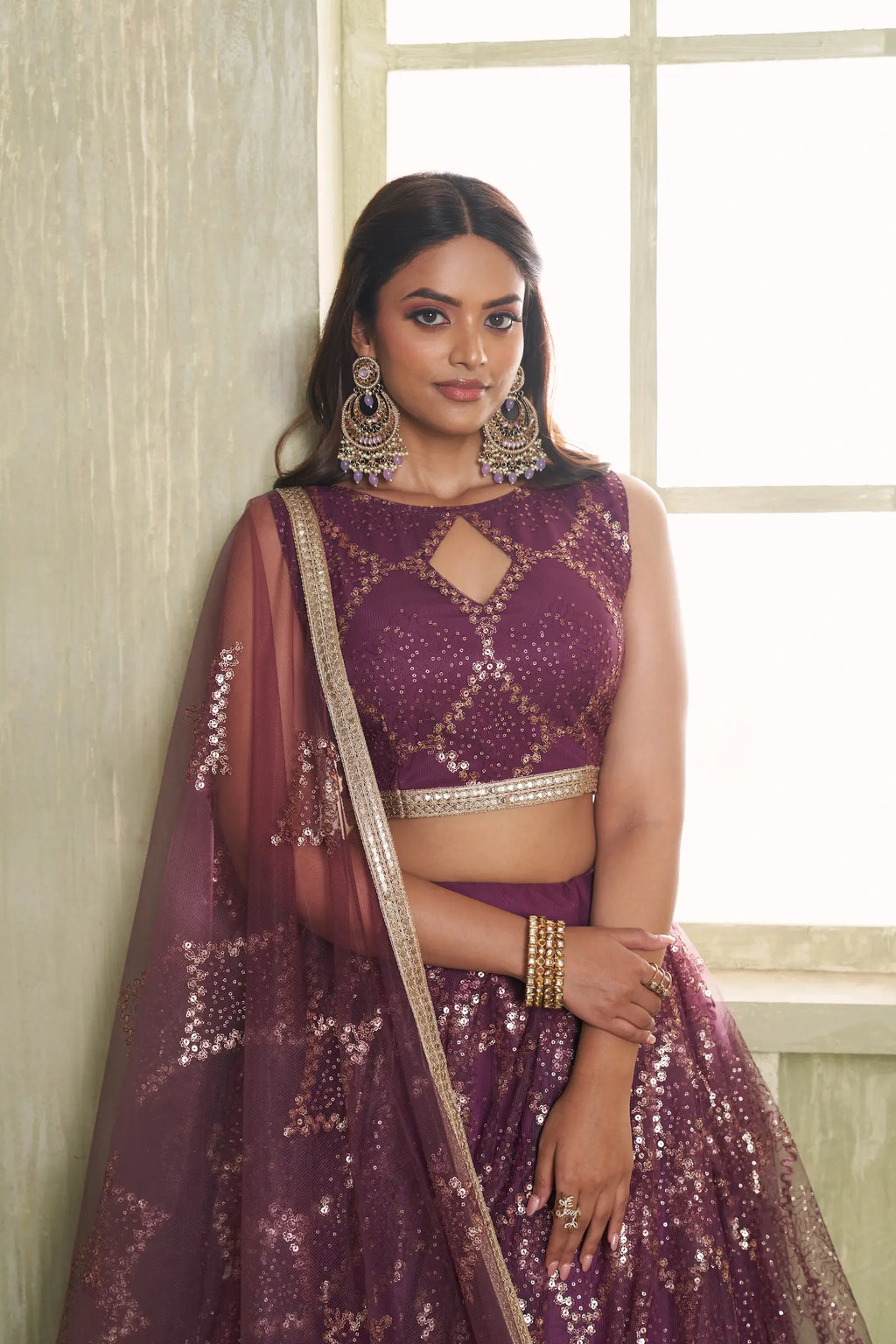 Wine Thread Sequins Embroidery Net Lehenga Choli
