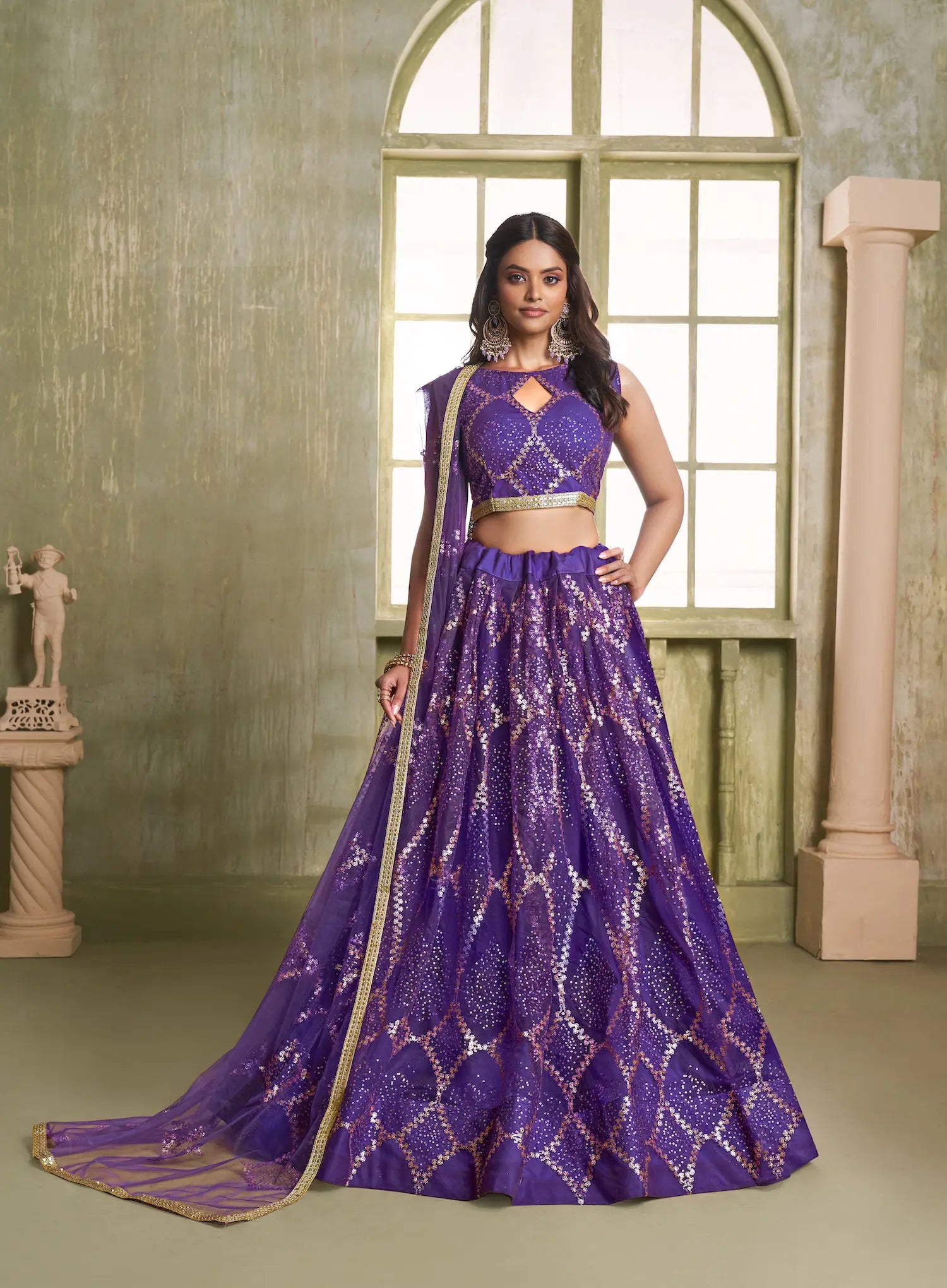 Purple Net Lehenga Choli With Sequins Work