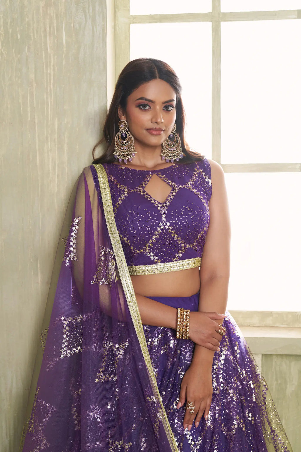 Purple Net Lehenga Choli With Sequins Work