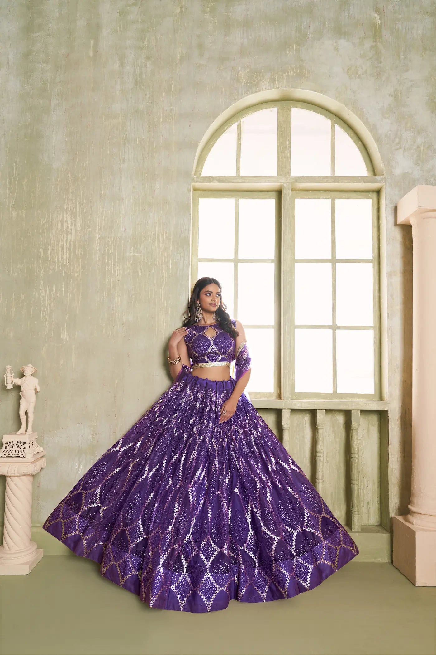 Purple Net Lehenga Choli With Sequins Work