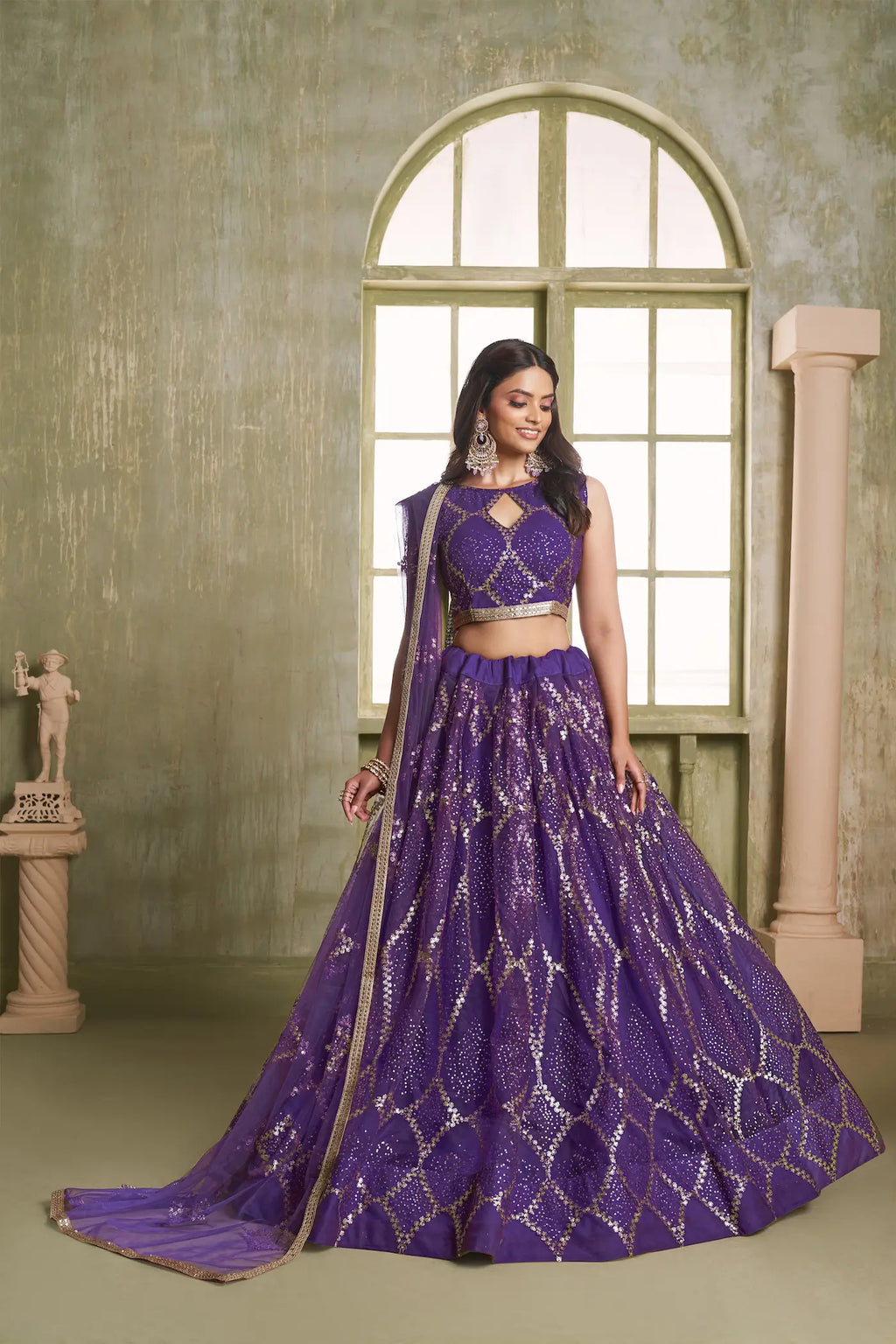Purple Net Lehenga Choli With Sequins Work