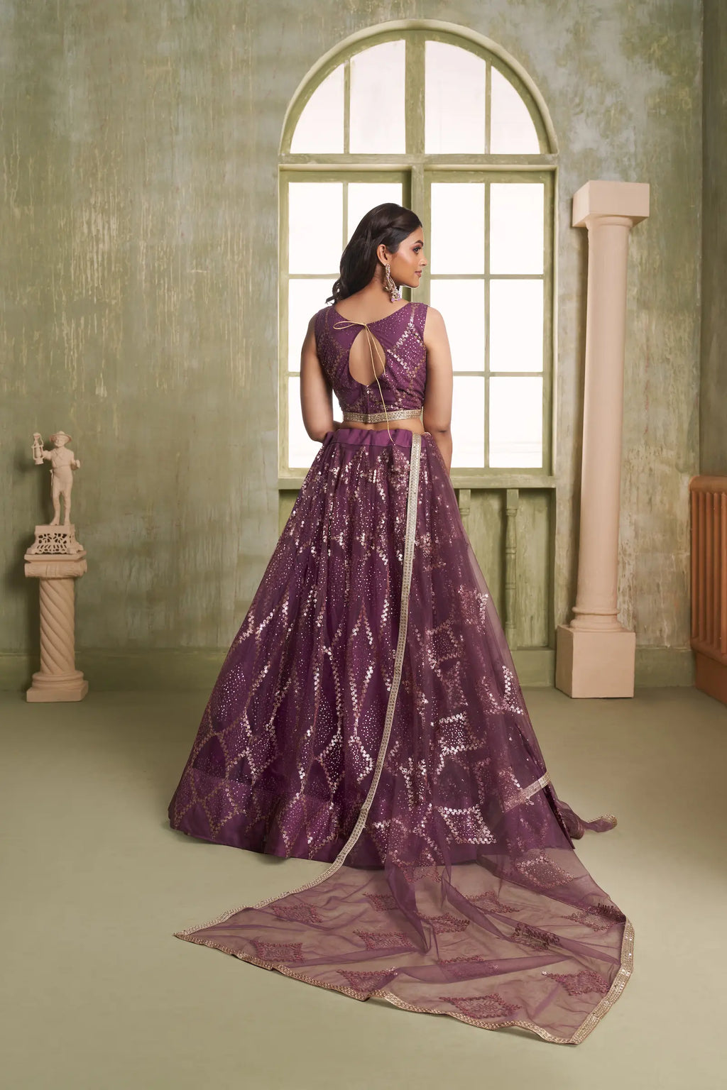Wine Thread Sequins Embroidery Net Lehenga Choli