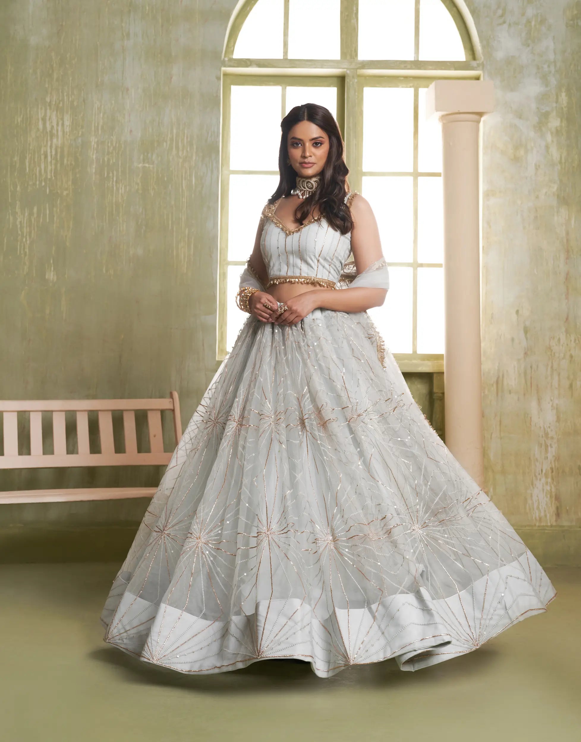 Light Gray Thread Sequins Embroidery Net Lehenga Choli