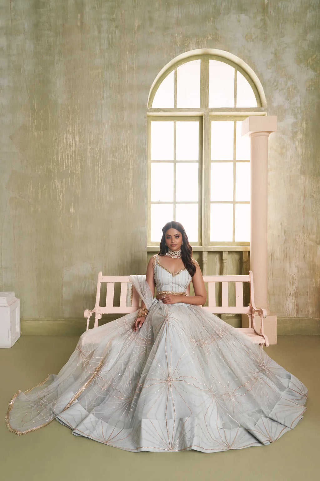 Light Gray Thread Sequins Embroidery Net Lehenga Choli