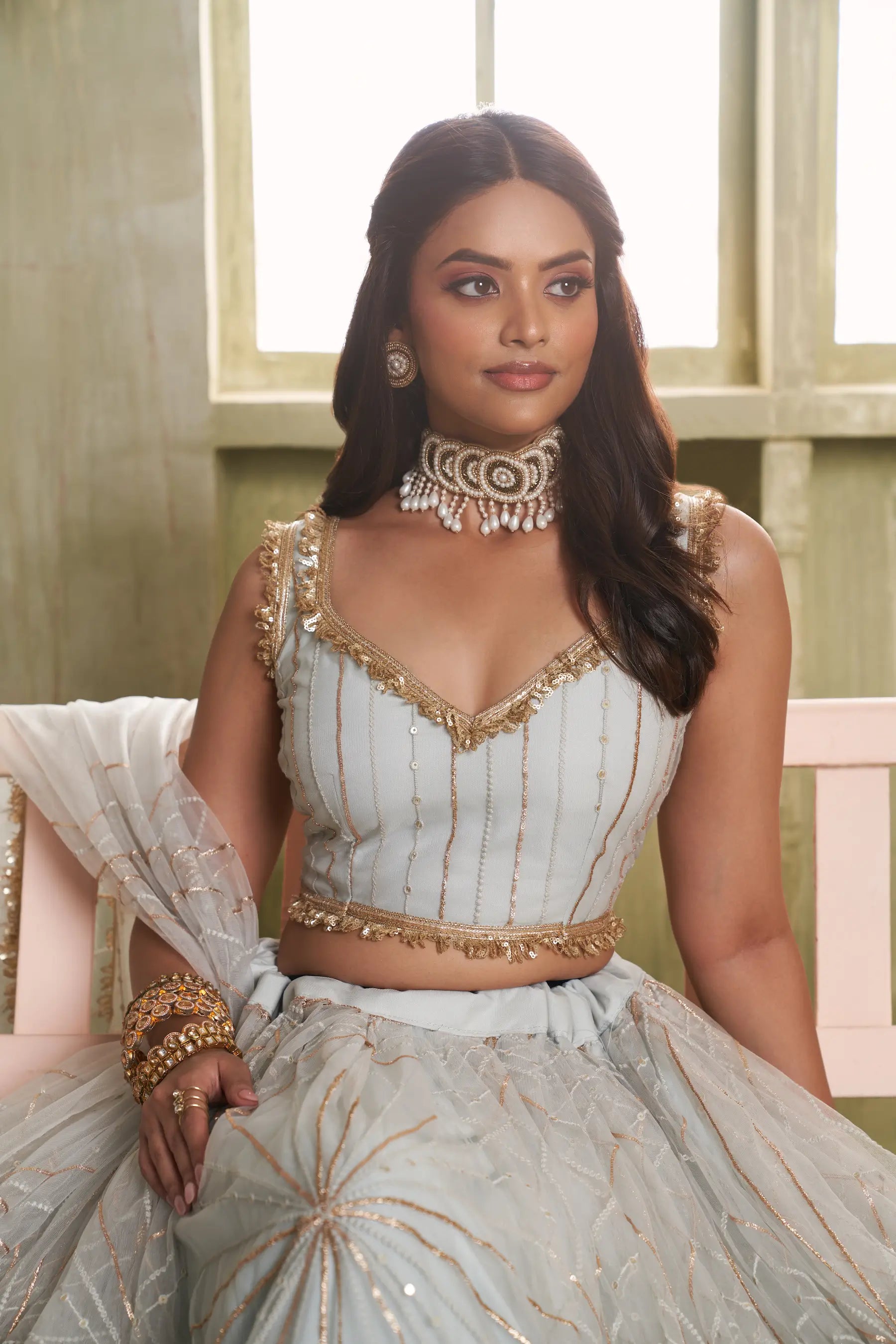 Light Gray Thread Sequins Embroidery Net Lehenga Choli