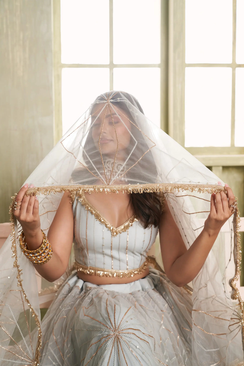 Light Gray Thread Sequins Embroidery Net Lehenga Choli