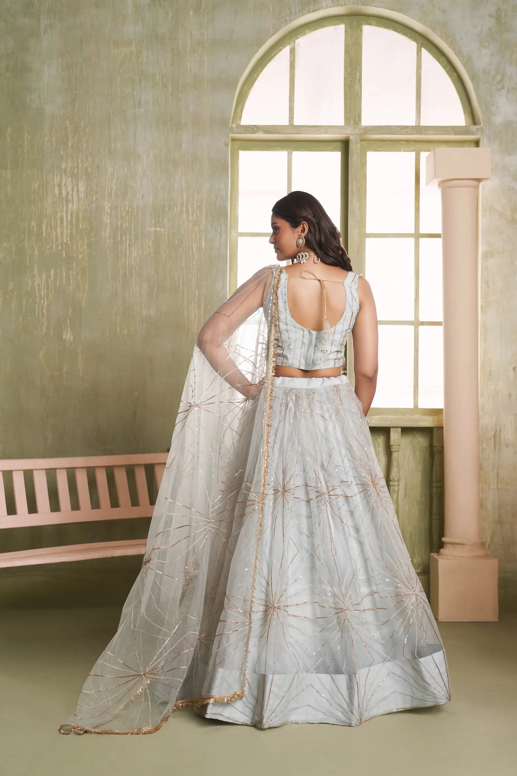Light Gray Thread Sequins Embroidery Net Lehenga Choli
