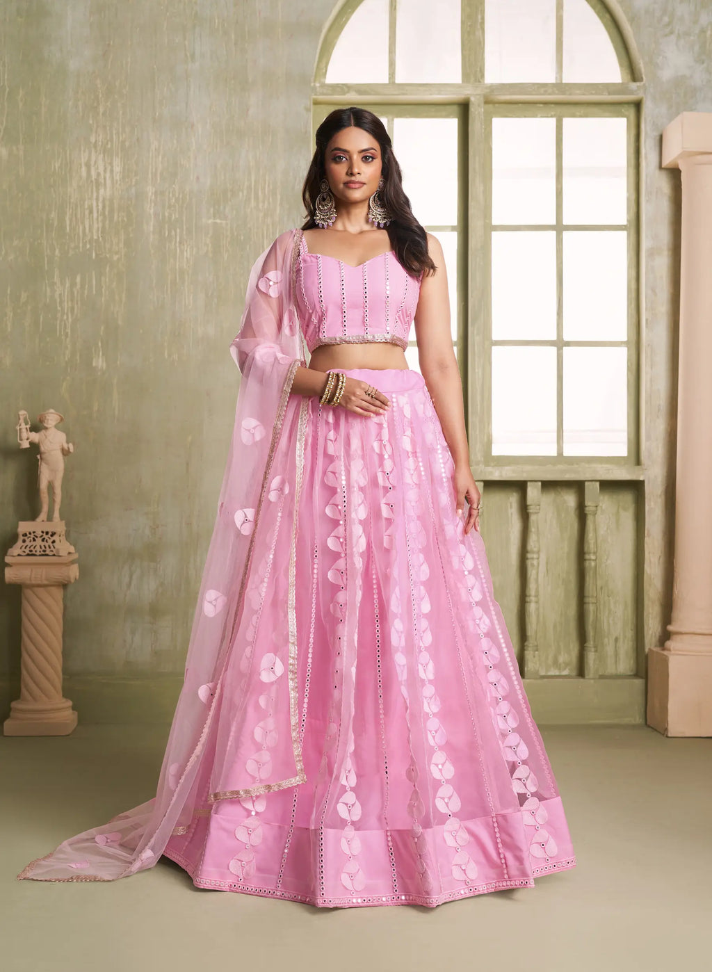 Baby Pink Thread Sequins Embroidery Net Lehenga Choli