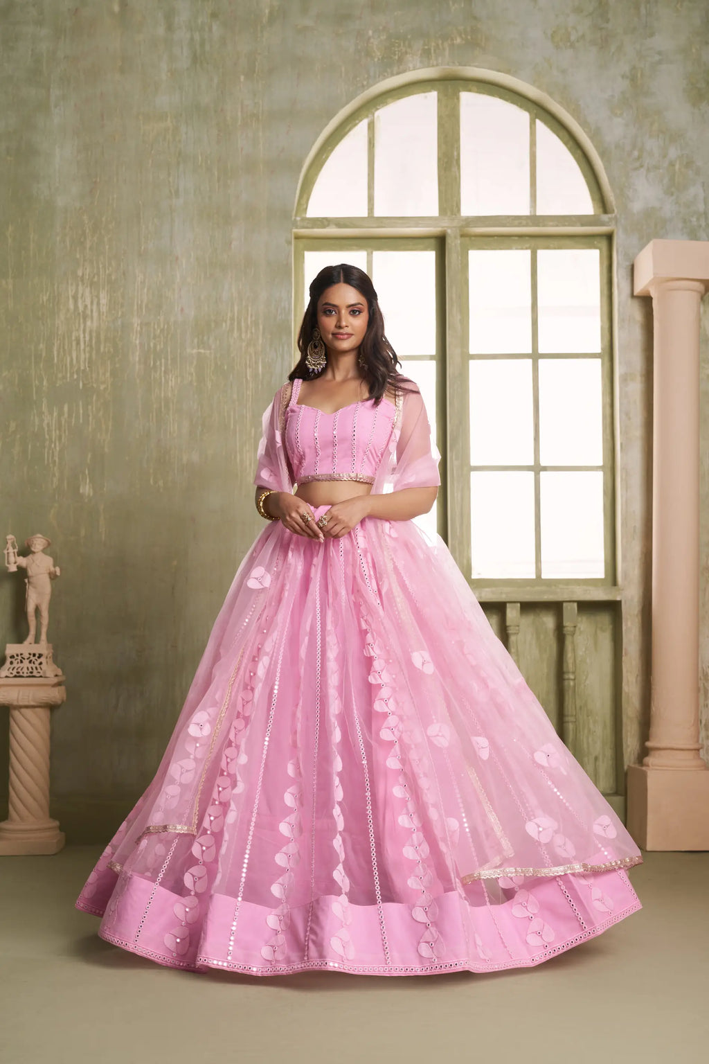 Baby Pink Thread Sequins Embroidery Net Lehenga Choli