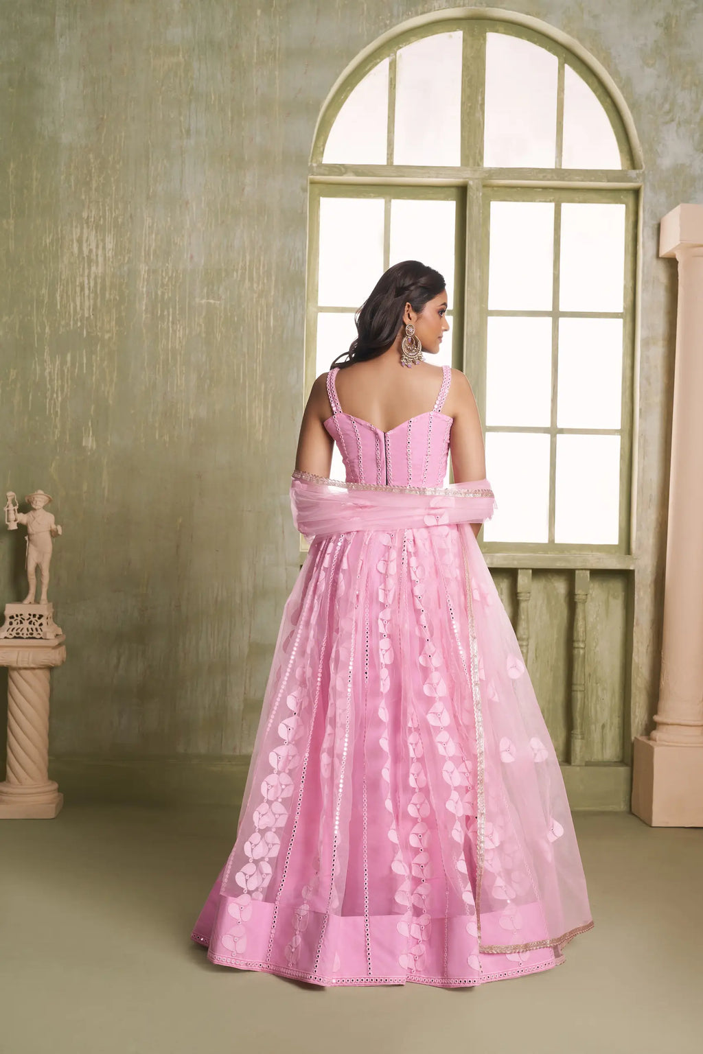 Baby Pink Thread Sequins Embroidery Net Lehenga Choli