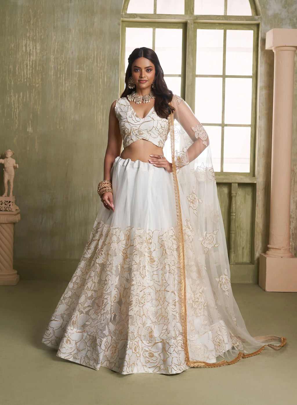 White Thread Sequins Embroidery Net Lehenga Choli