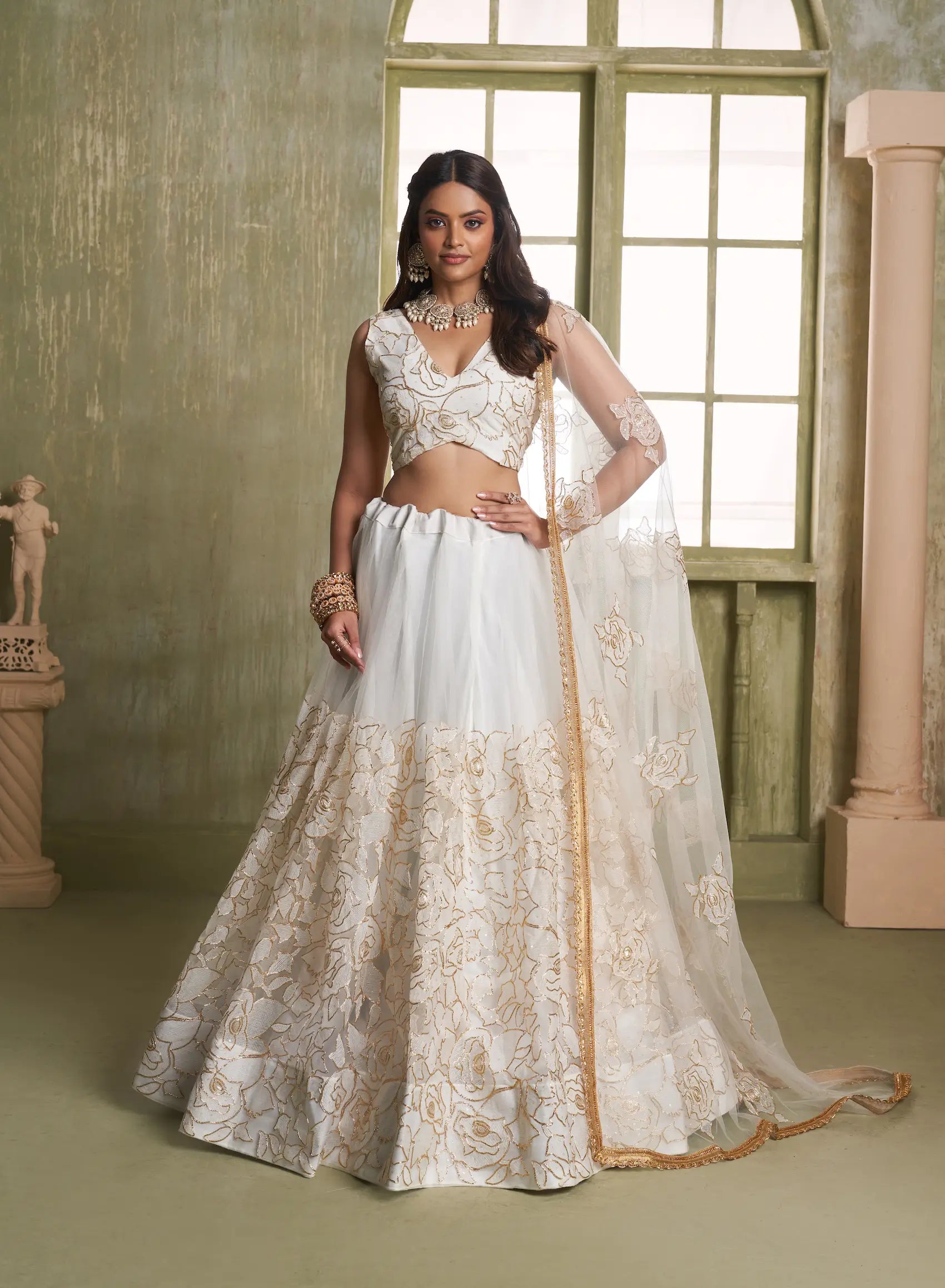 White Thread Sequins Embroidery Net Lehenga Choli