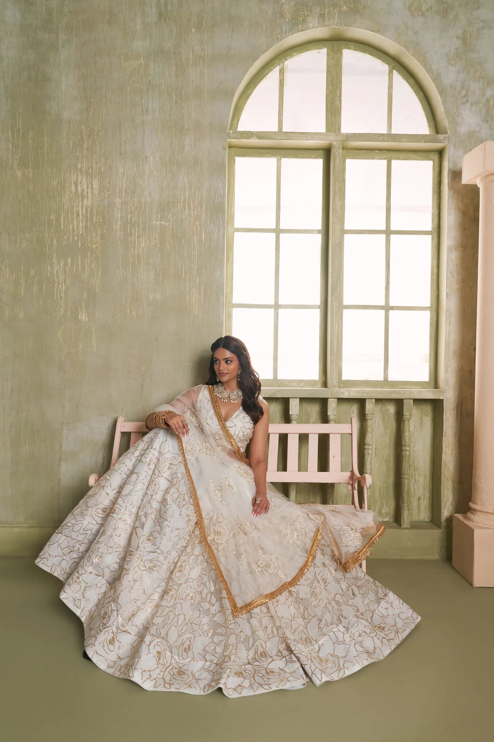 White Thread Sequins Embroidery Net Lehenga Choli