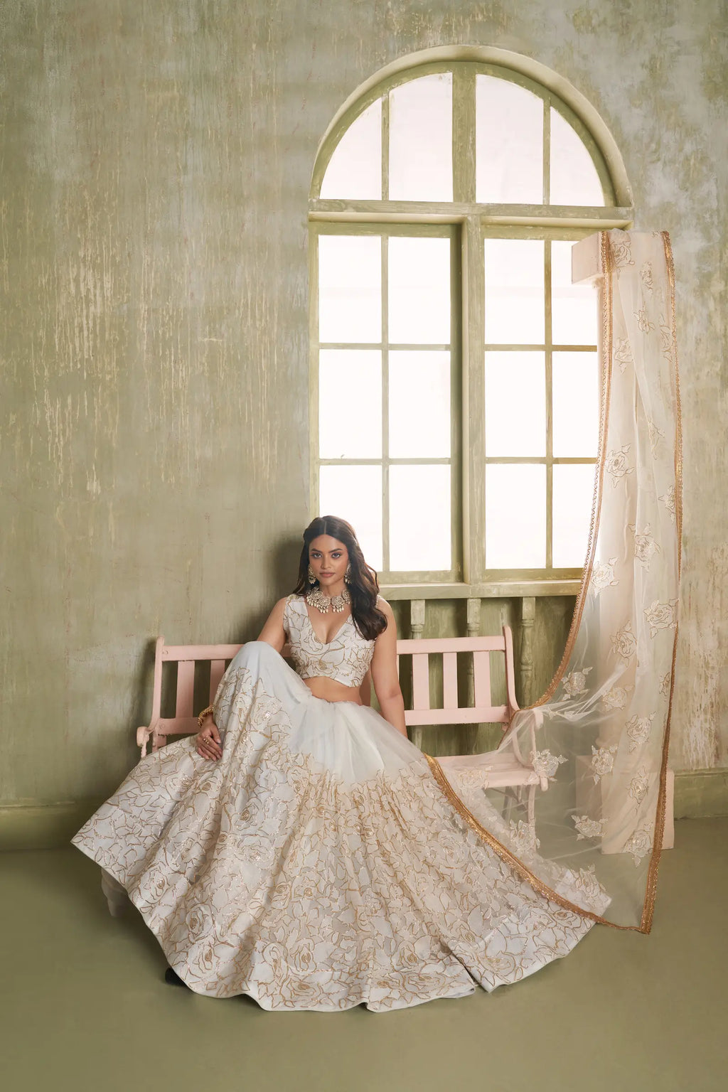 White Thread Sequins Embroidery Net Lehenga Choli