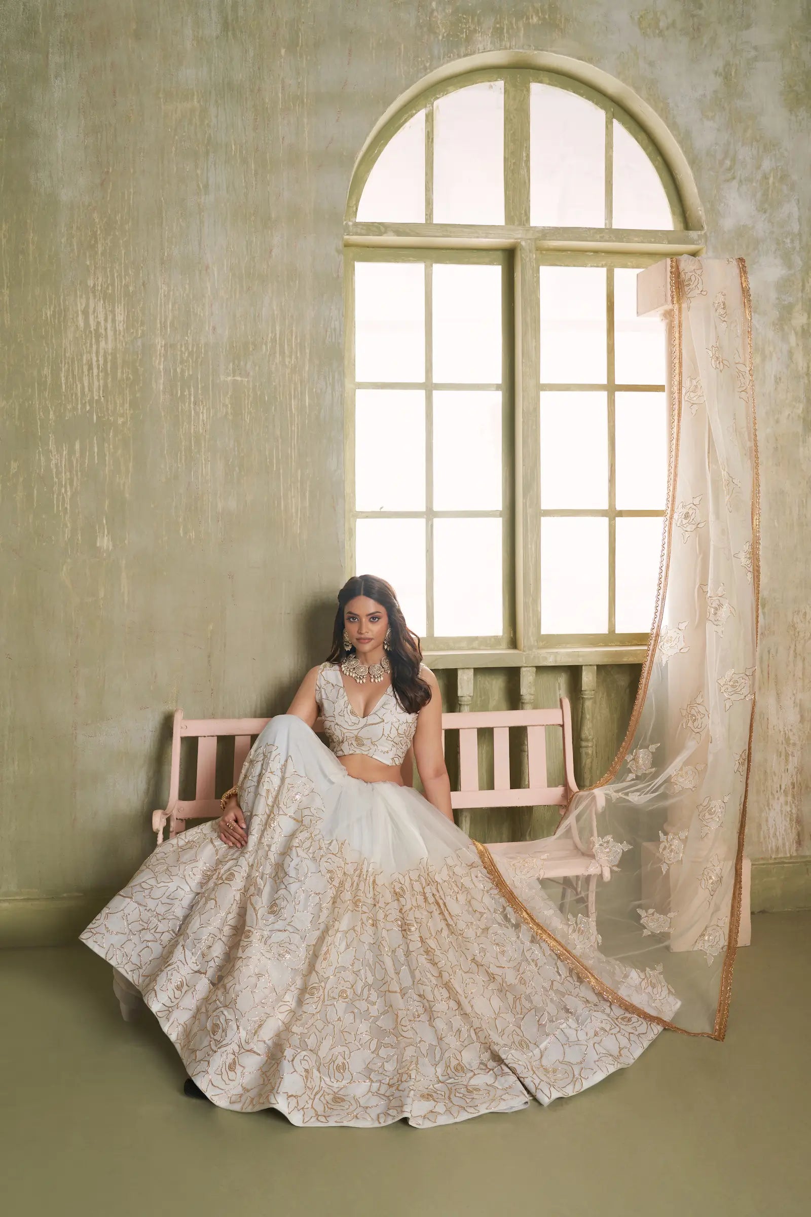 White Thread Sequins Embroidery Net Lehenga Choli