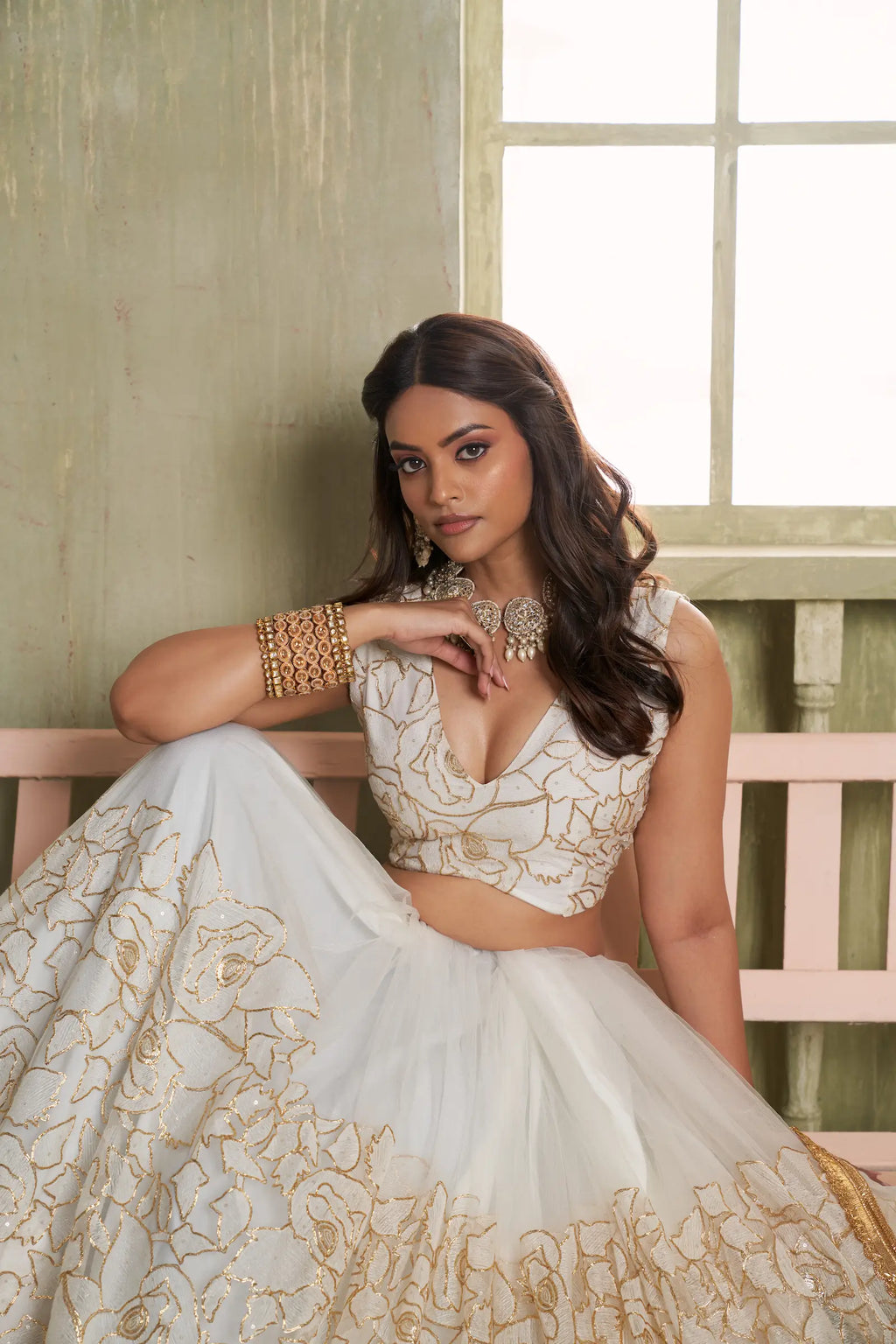 White Thread Sequins Embroidery Net Lehenga Choli