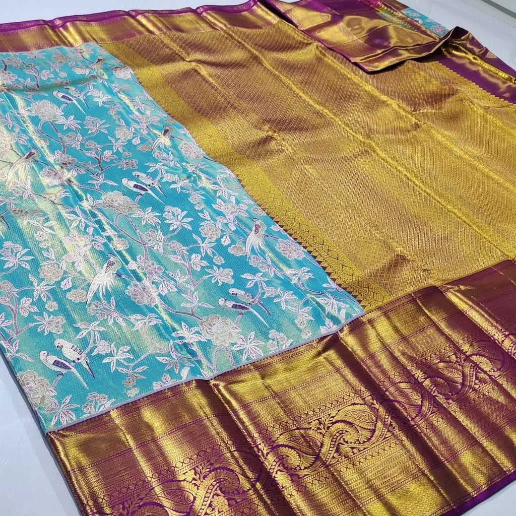 Turquoise Kanchipuram Handloom 4D Tissue Brocade Silk Saree