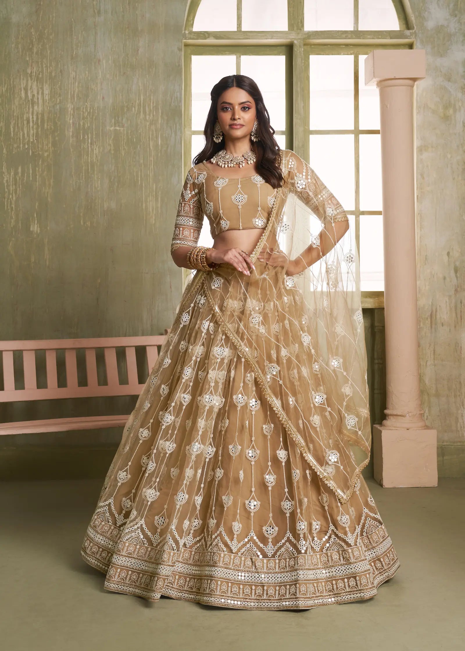 Beige Thread Sequins Embroidery Net Lehenga Choli