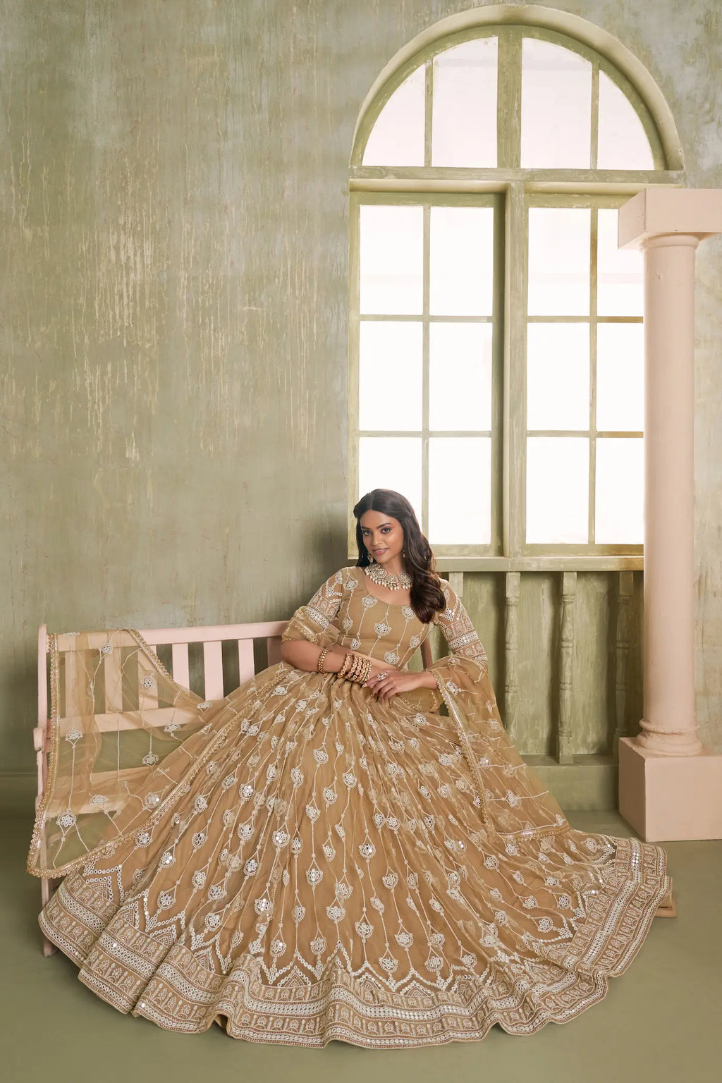 Beige Thread Sequins Embroidery Net Lehenga Choli