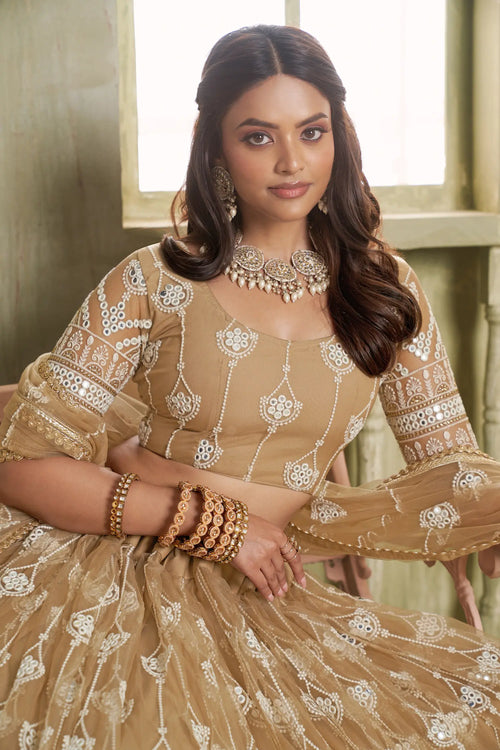 Beige Thread Sequins Embroidery Net Lehenga Choli