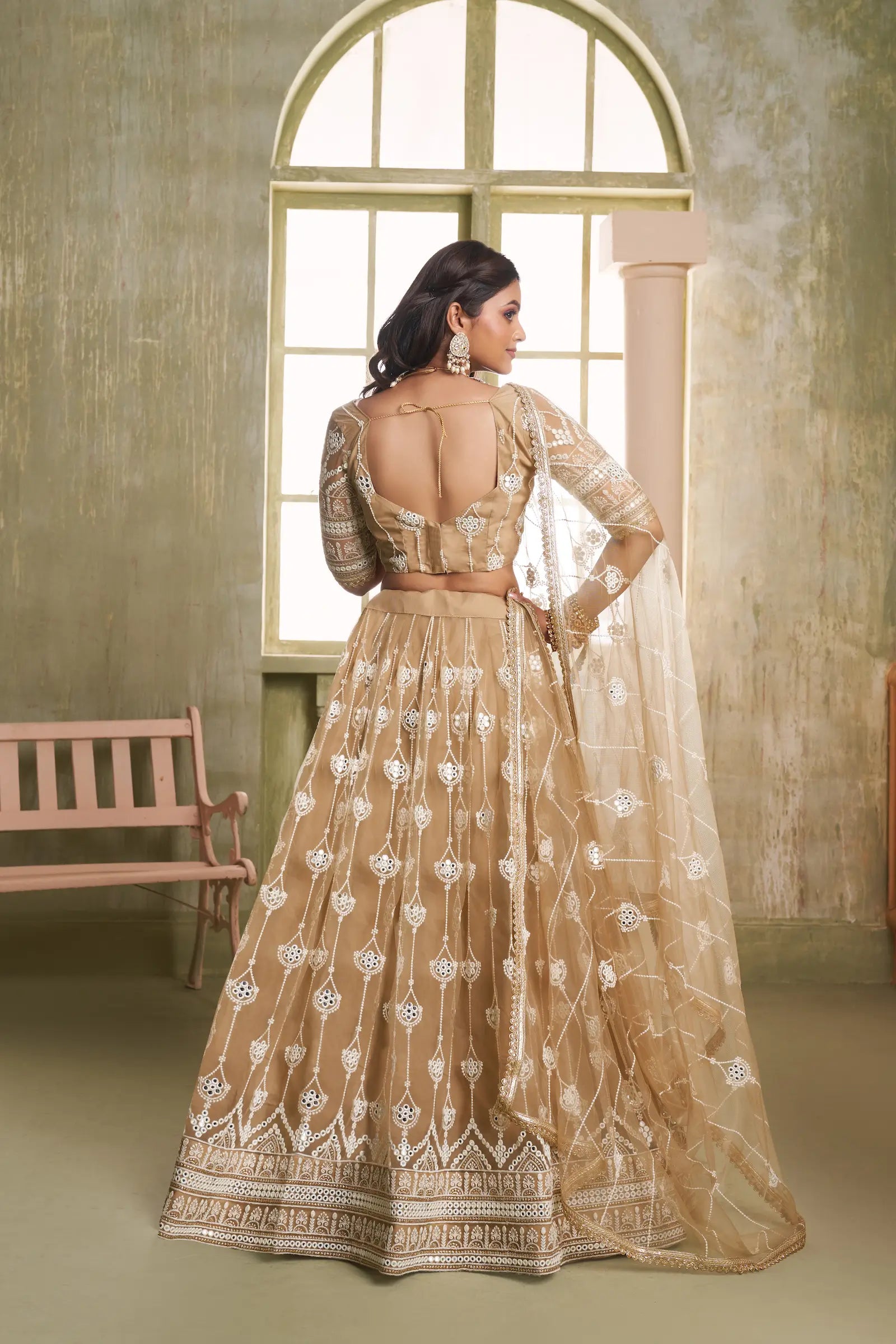 Beige Thread Sequins Embroidery Net Lehenga Choli