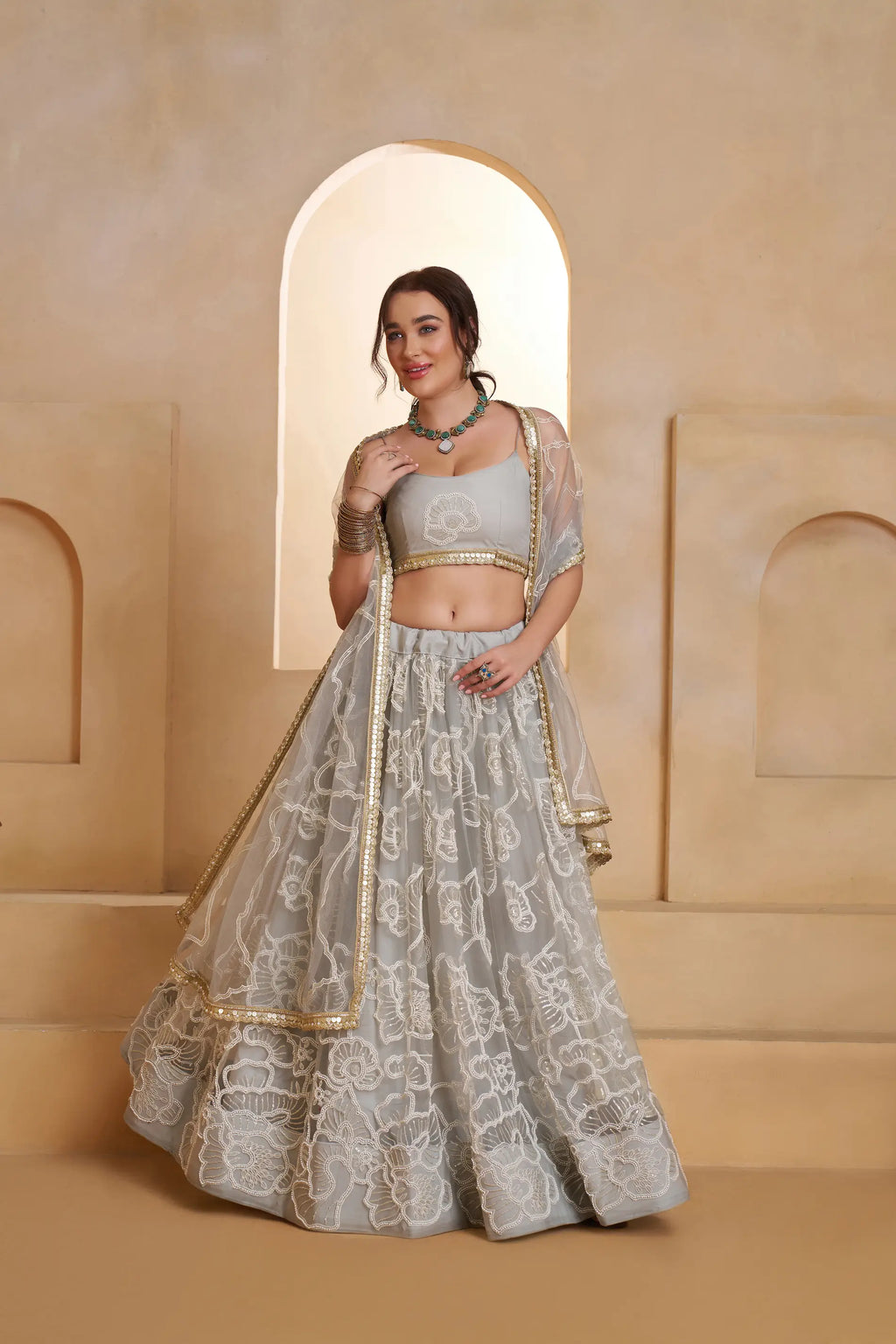 Silver Gray Beads Sequins Embroidery Net Lehenga