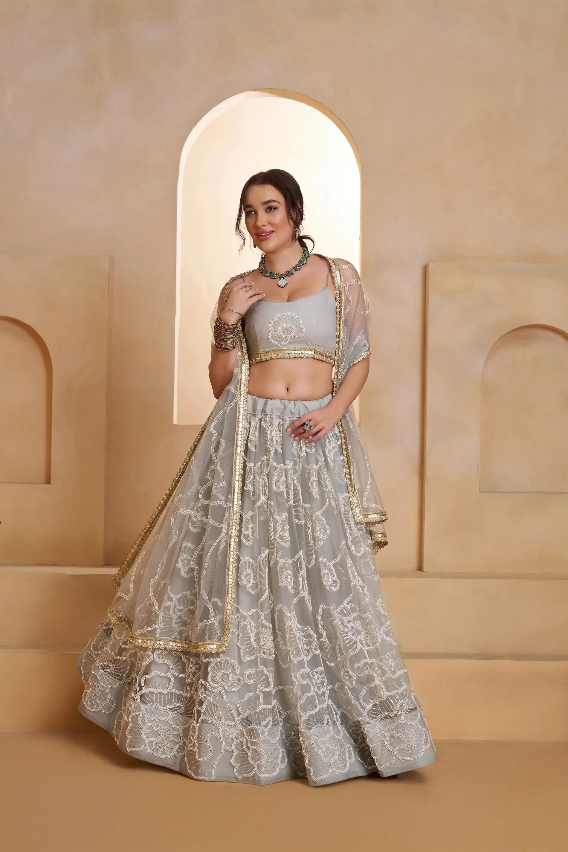 Silver Gray Beads Sequins Embroidery Net Lehenga