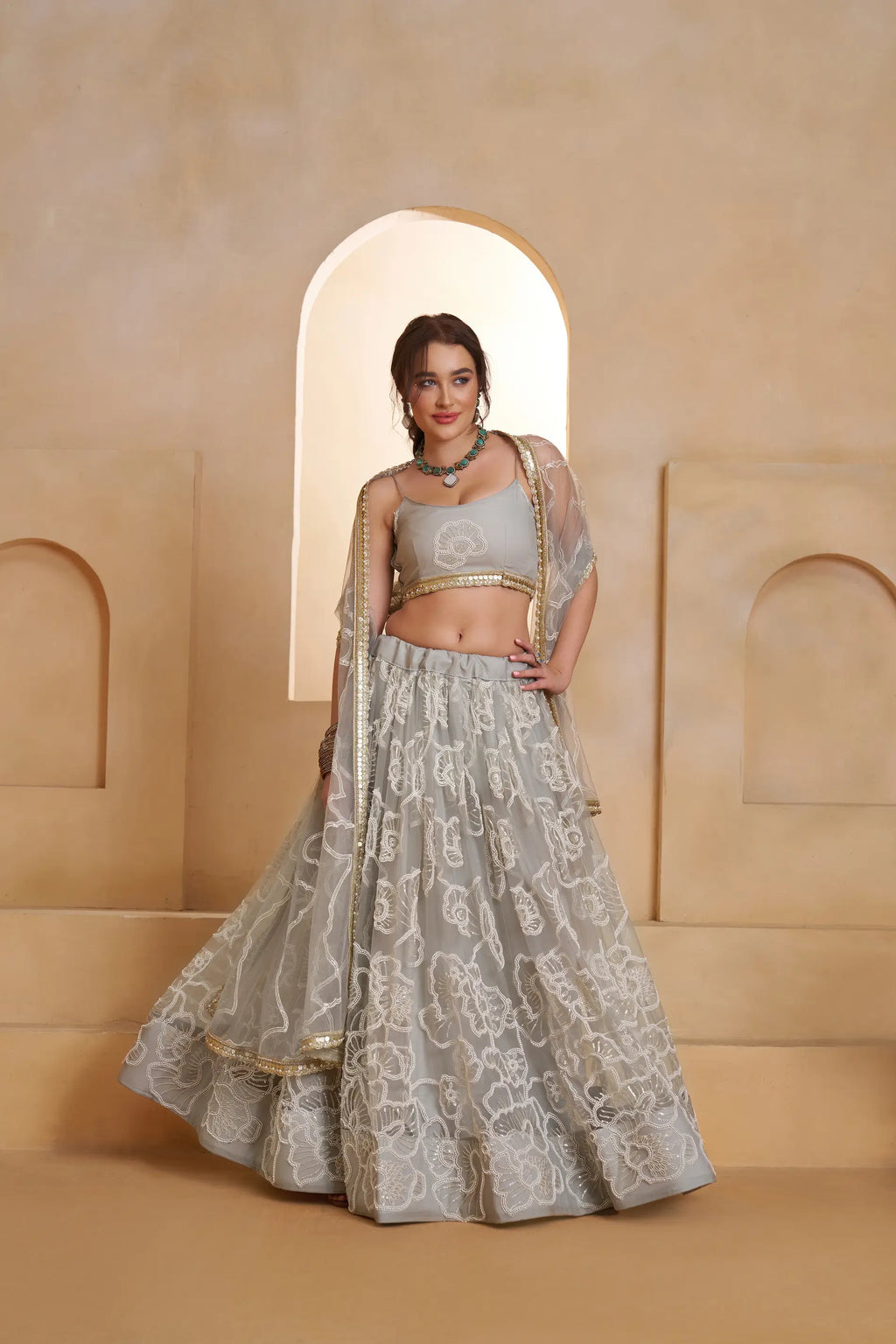 Silver Gray Beads Sequins Embroidery Net Lehenga