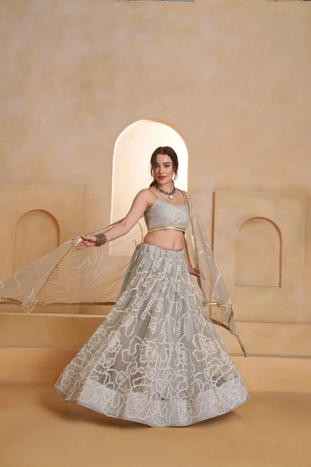 Silver Gray Beads Sequins Embroidery Net Lehenga