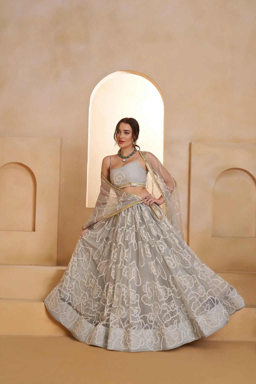Silver Gray Beads Sequins Embroidery Net Lehenga