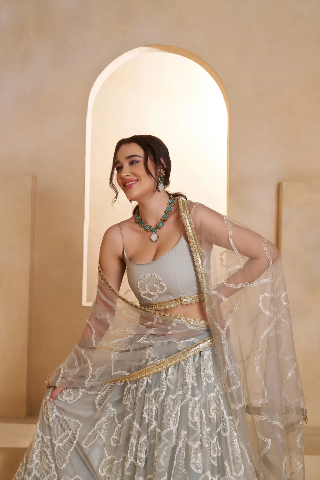 Silver Gray Beads Sequins Embroidery Net Lehenga