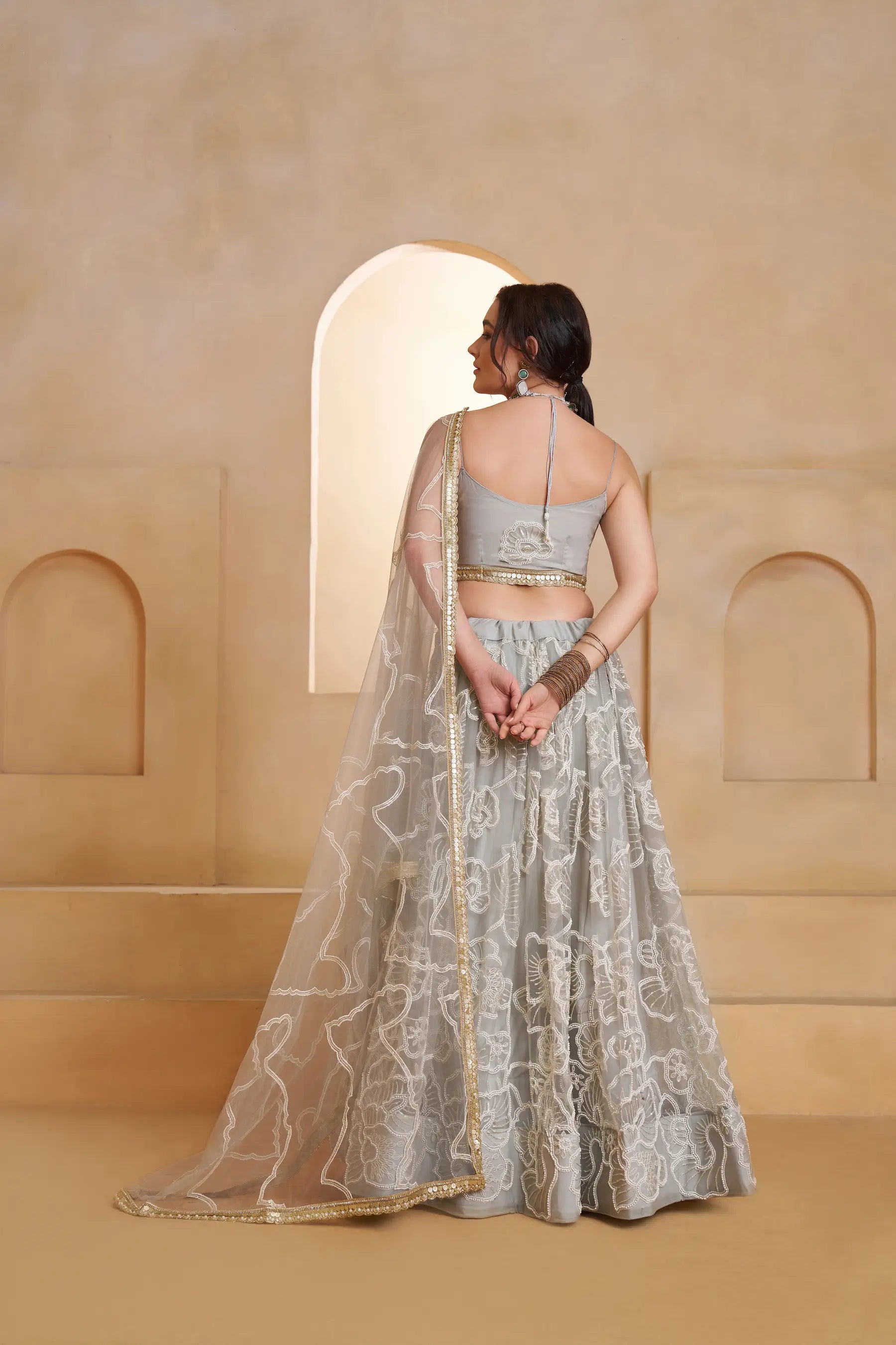 Silver Gray Beads Sequins Embroidery Net Lehenga