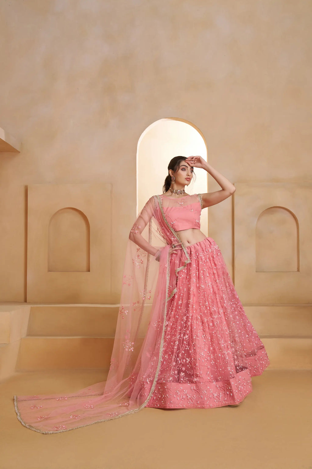 Blush Pink Beads Sequins Embroidery Net Lehenga