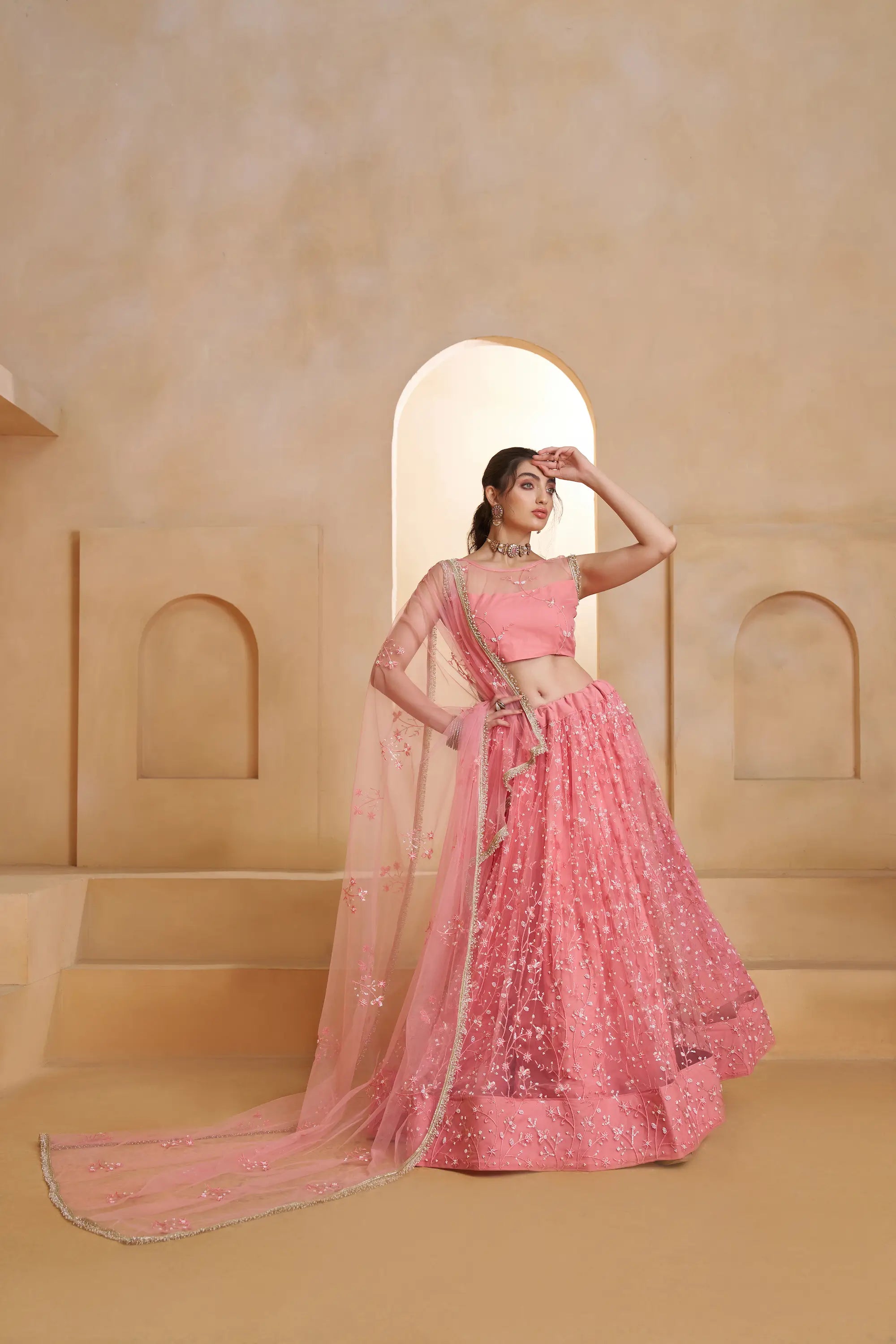 Blush Pink Beads Sequins Embroidery Net Lehenga