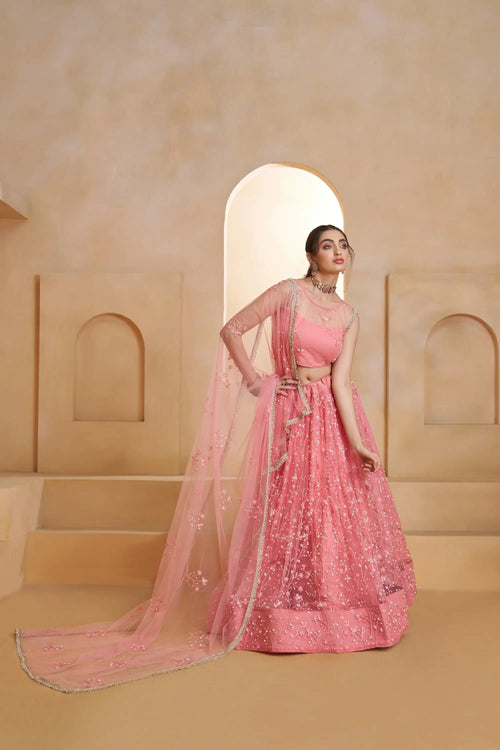 Blush Pink Beads Sequins Embroidery Net Lehenga