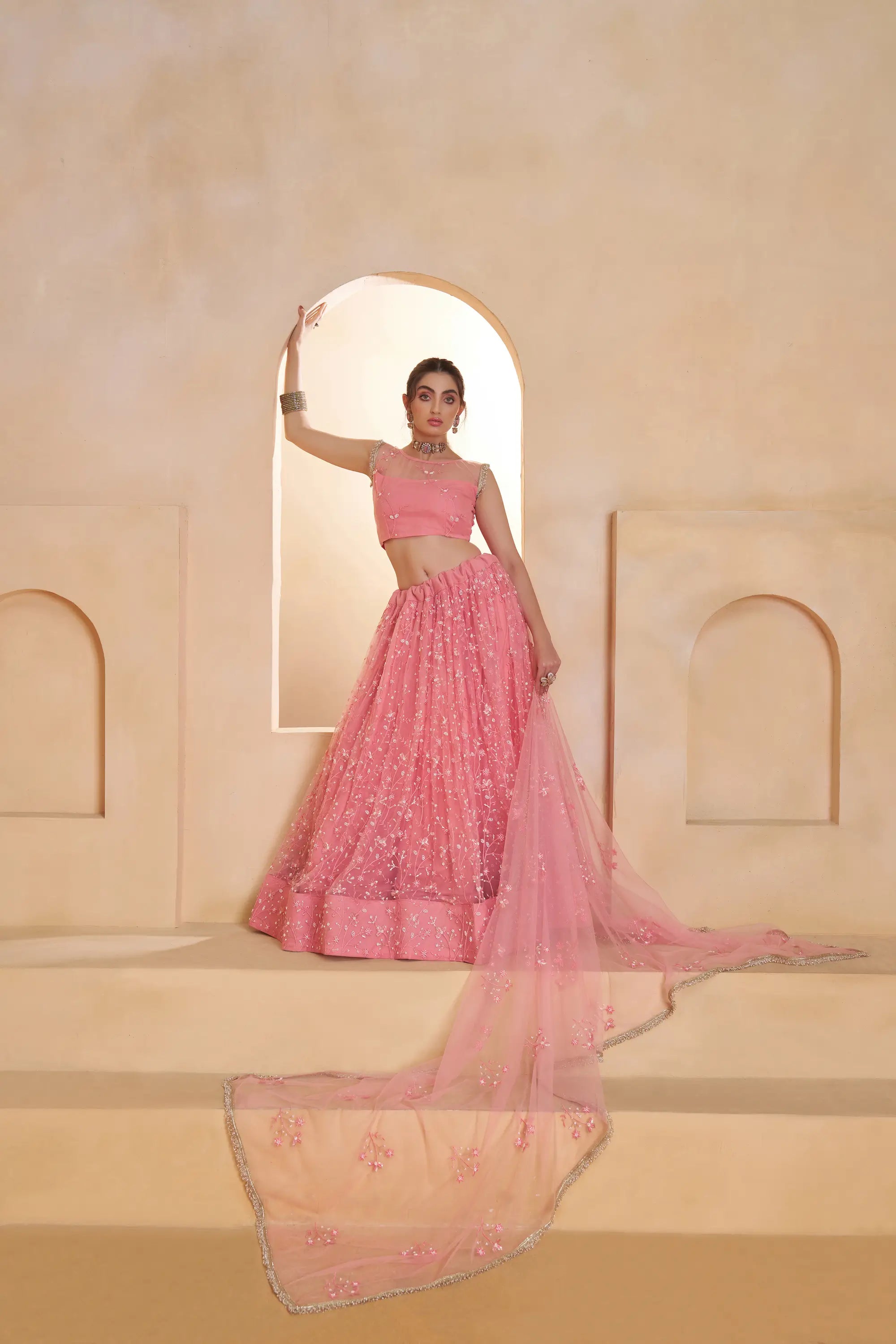 Blush Pink Beads Sequins Embroidery Net Lehenga