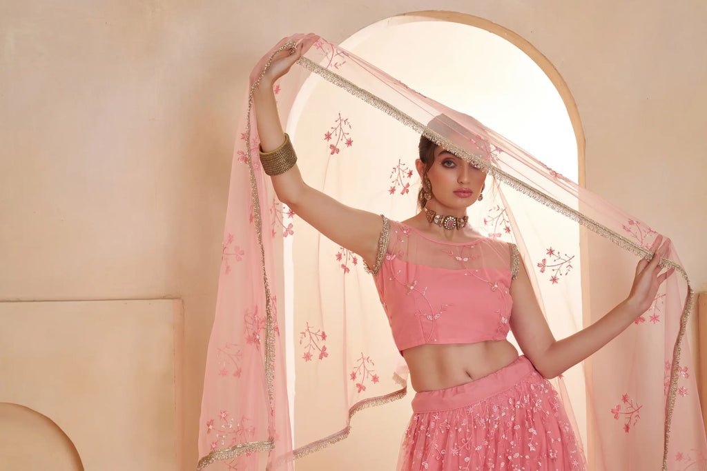 Blush Pink Beads Sequins Embroidery Net Lehenga