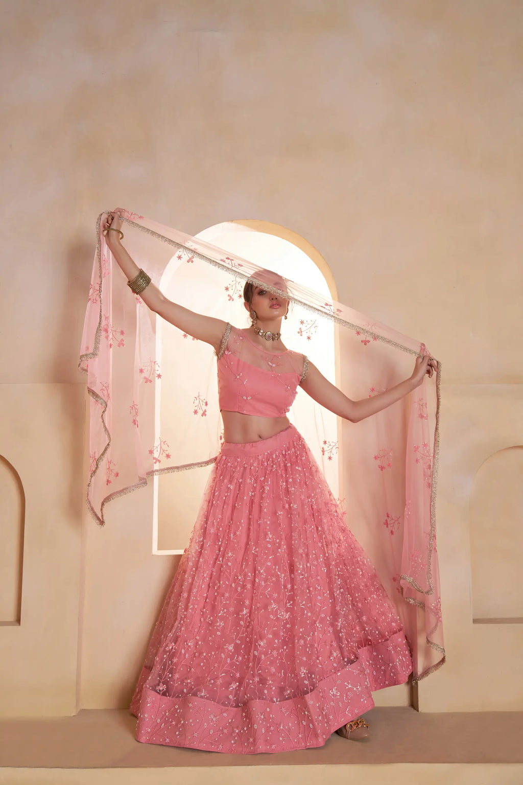 Blush Pink Beads Sequins Embroidery Net Lehenga