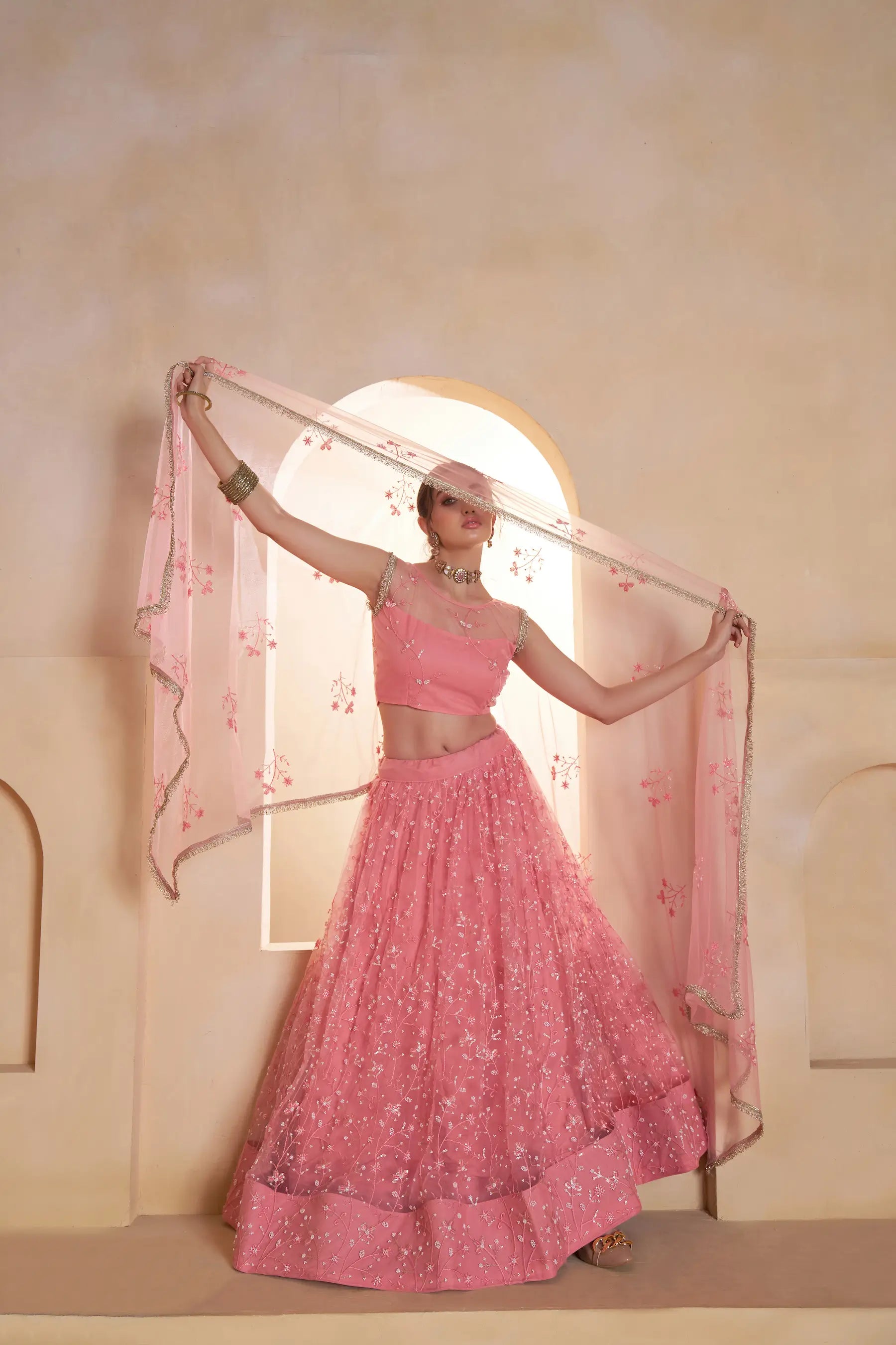 Blush Pink Beads Sequins Embroidery Net Lehenga