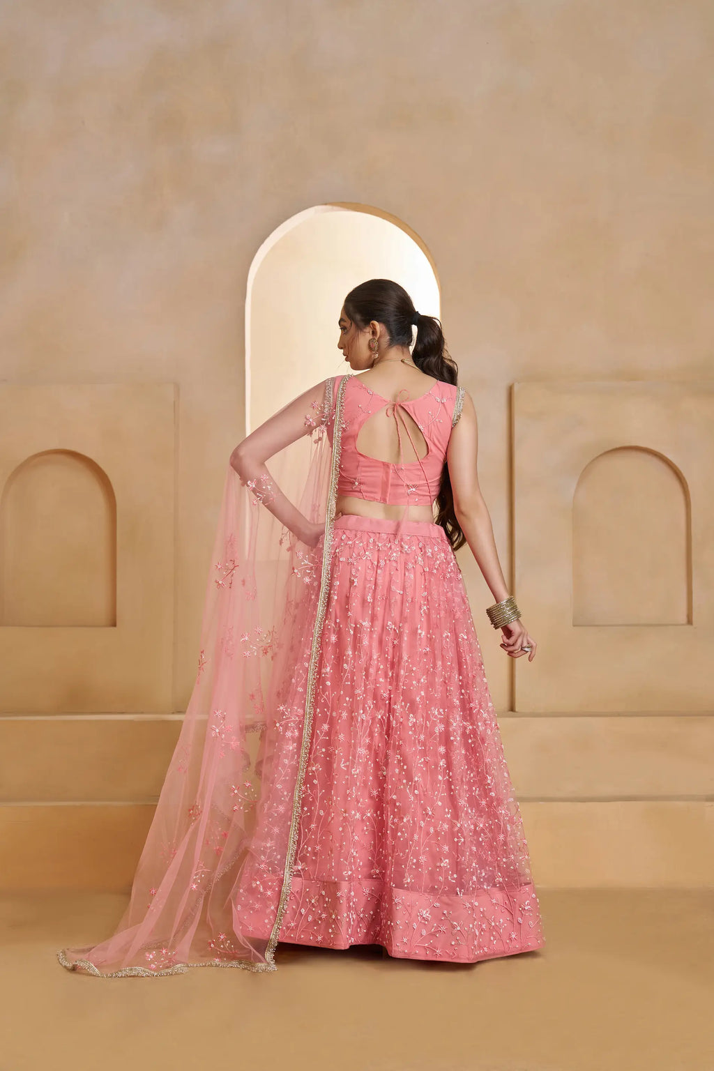 Blush Pink Beads Sequins Embroidery Net Lehenga