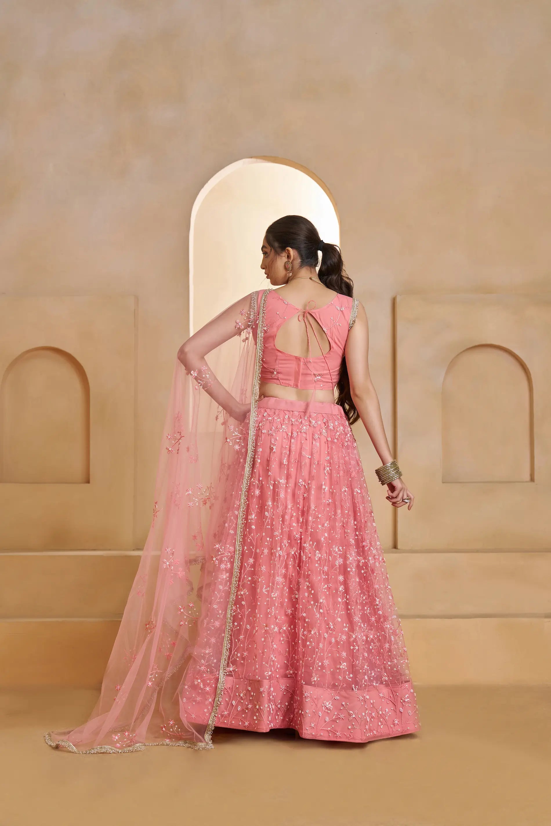 Blush Pink Beads Sequins Embroidery Net Lehenga