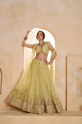 Pastel Yellow Beads Sequins Embroidery Net Lehenga