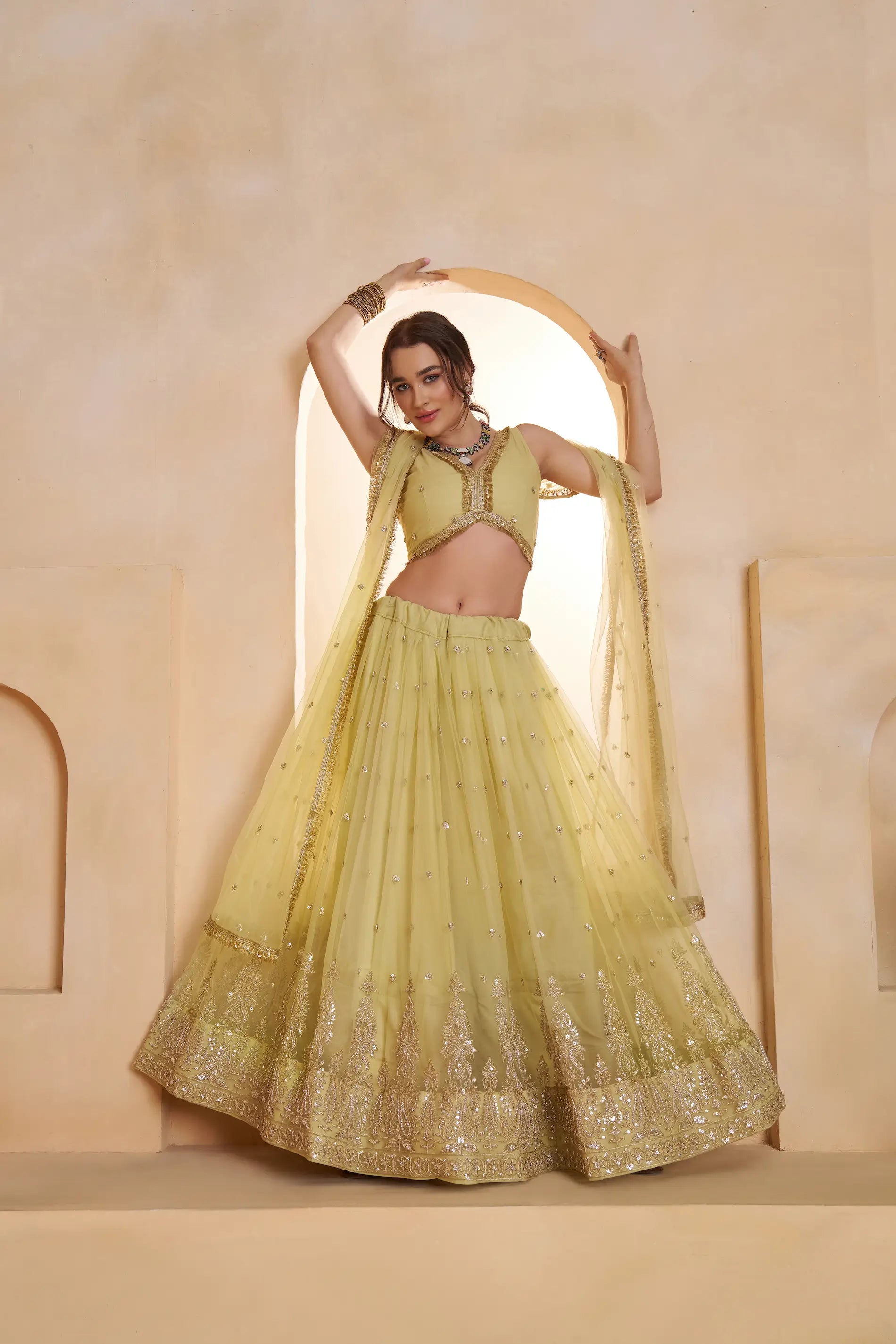 Pastel Yellow Beads Sequins Embroidery Net Lehenga