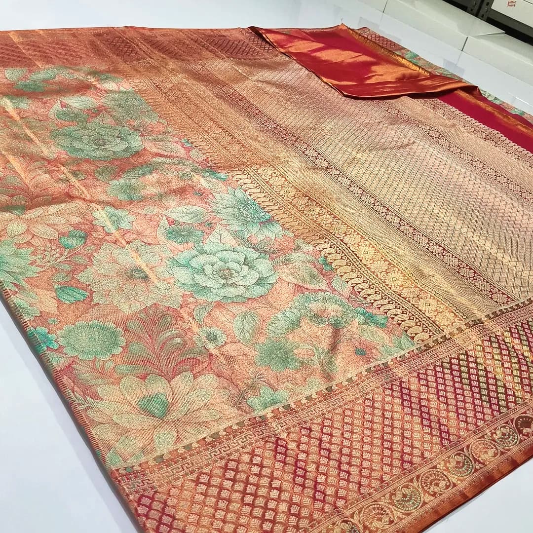 Peach Kanchipuram Handloom 5D Meenakari Tissue Brocade Silk Saree