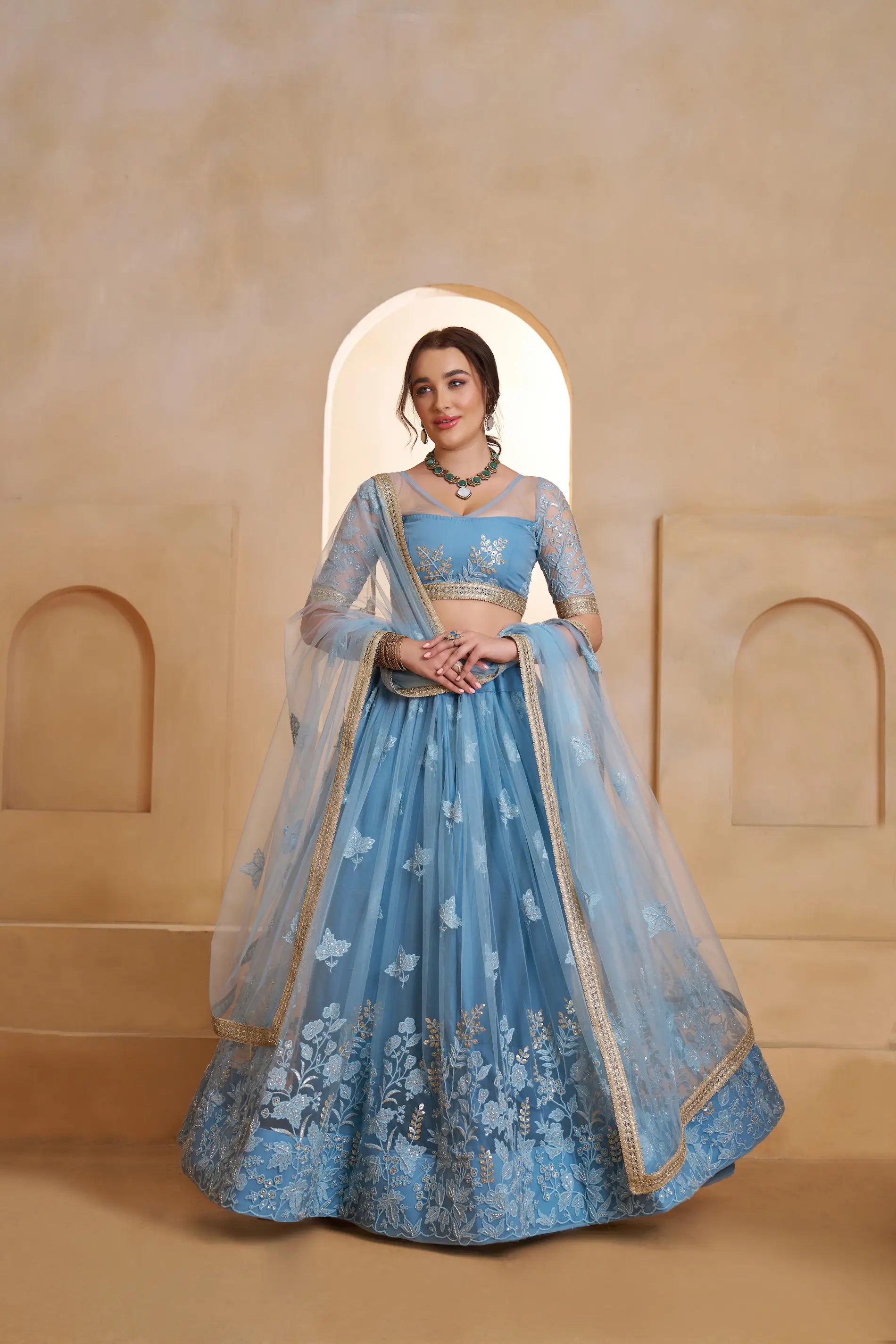 Blue Beads Sequins Embroidered Net Lehenga Choli