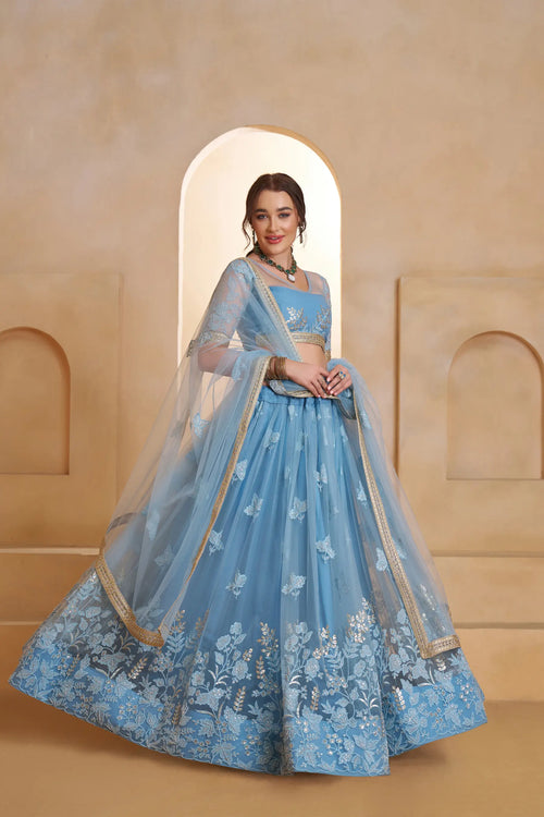 Blue Beads Sequins Embroidered Net Lehenga Choli